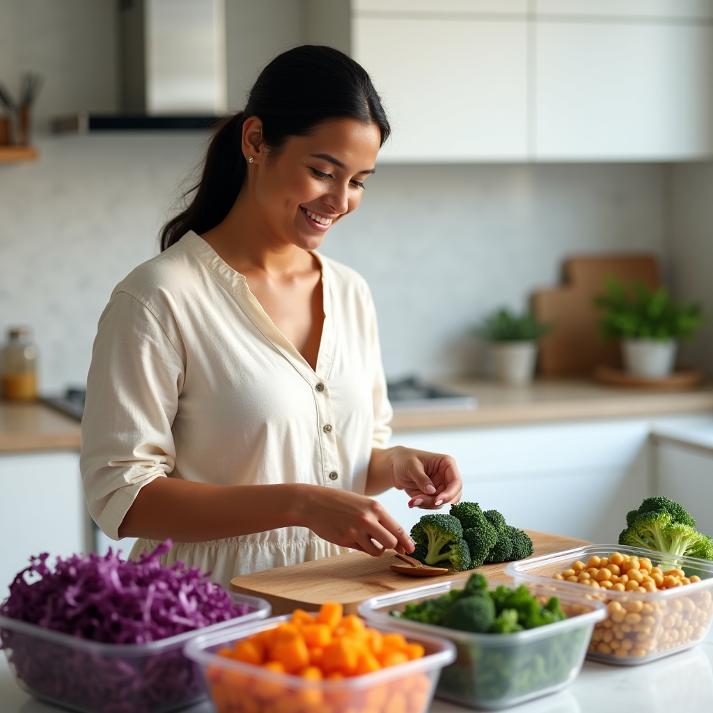 Colorful balanced meal preparation with vegetables, grains, and protein laid out on a kitchen counter