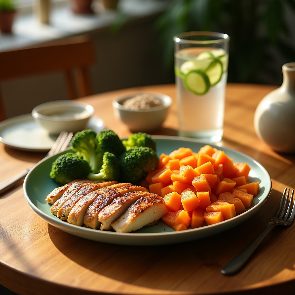 Nutritious post-workout meal with lean protein, complex carbohydrates, and colorful vegetables on a wooden table in warm kitchen light