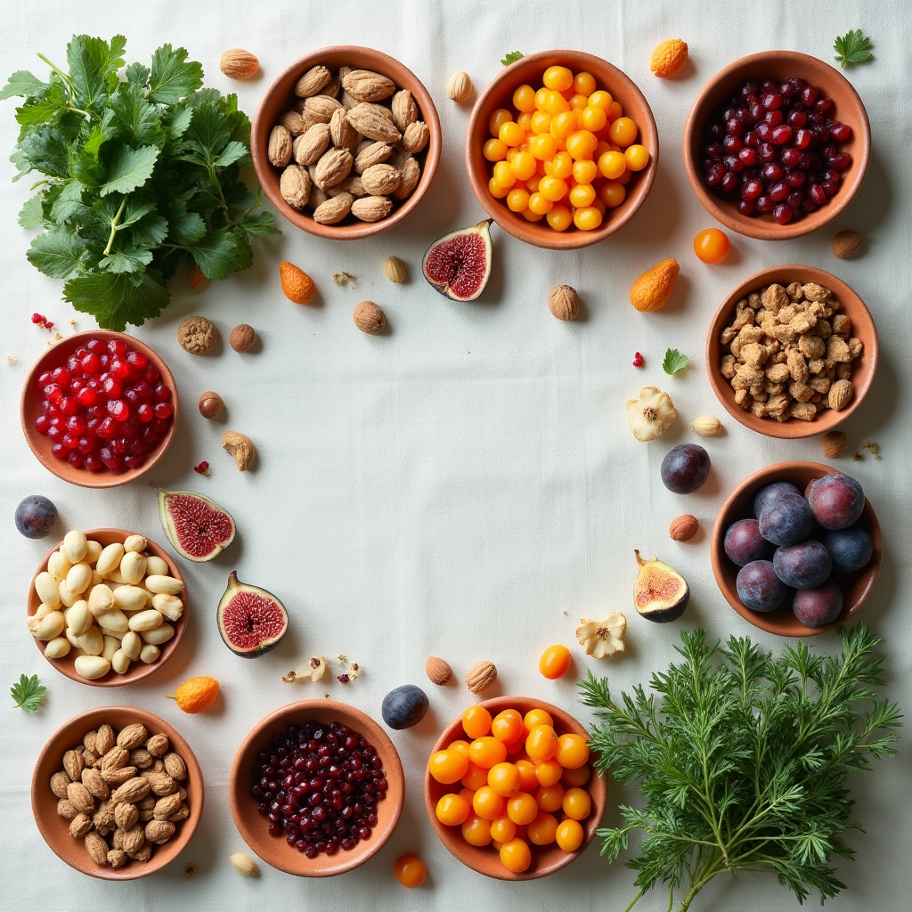 Wide variety of whole foods including fruits, vegetables, legumes, and grains arranged in an organized flat lay with warm natural tones